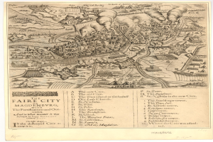 Ein detaillierter alter Stadtplan von Magdeburg, Deutschland, der Straßen, Gebäude, Sehenswürdigkeiten und begleitenden Text zeigt, der die Bevölkerung, Sehenswürdigkeiten und Straßen der Stadt beschreibt.