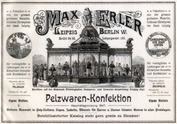 Eine alte Werbung für Max Erler Leipzig in Berlin, Deutschland, die eine Gruppe von Menschen vor einem Gebäude zeigt.