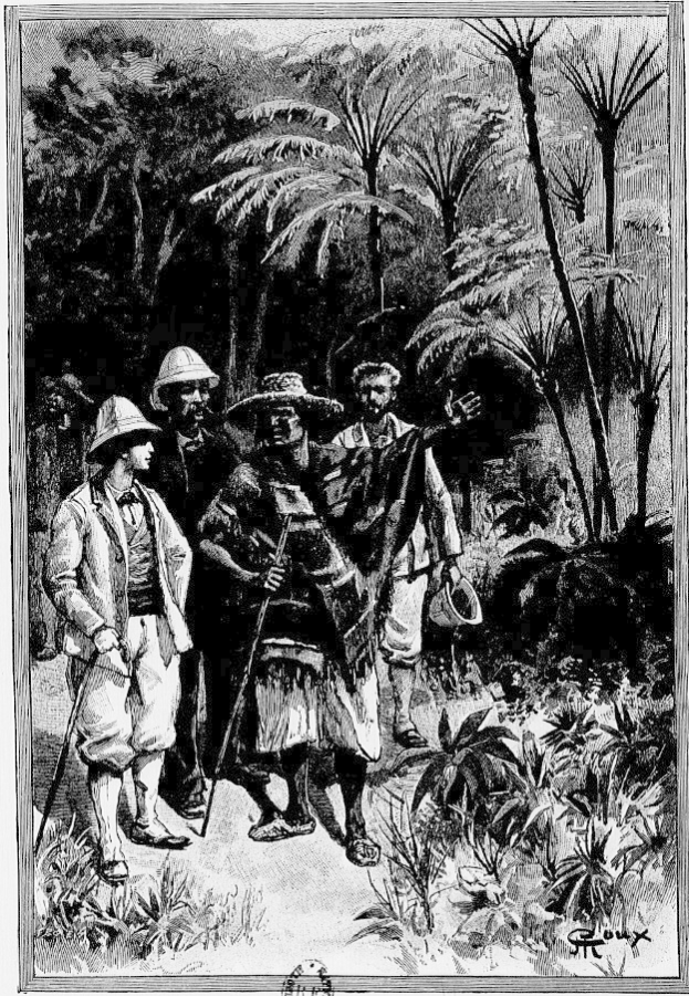 Eine Gruppe von Menschen in traditioneller Kleidung und Hüten durchquert einen üppigen Wald, mit dem Text "Die Rückkehr des Königs des Dschungels" unten.