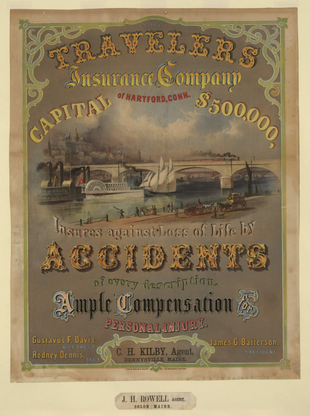 Werbeposter für die Traveler's Insurance Company of Hartford, Connecticut, mit Booten, einer Brücke und Gebäuden sowie Texten, die Reiseversicherungsdienstleistungen anpreisen.