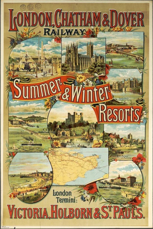Plakat, das London, Chatham und Dover Railway's Sommer- und Winterresorts bewirbt, mit Abbildungen von Gebäuden, Bäumen, Blumen, einer Karte und beschreibendem Text.