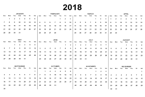 Ein schwarz-weißer 2018-Kalender, der die Feiertage der USA anzeigt, mit markierten Tagen in einem Raster und Feiertagen in fetter schwarzer Schrift auf weißem Hintergrund.
