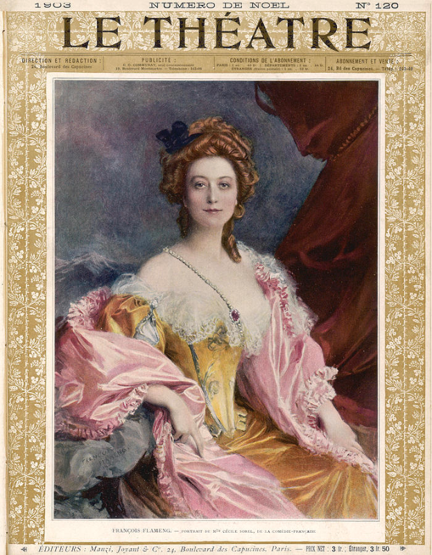 Eine Frau in einem pinken Kleid mit zurückgebundenem Haar, die direkt in die Kamera schaut, auf dem Cover eines Magazins namens "Le Theatre".