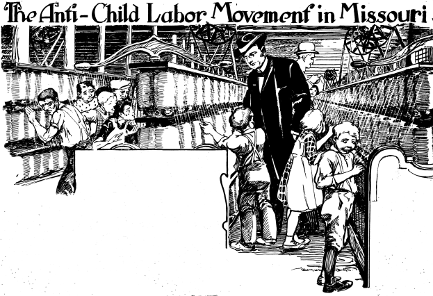 Plakat für die Anti-Kinderarbeit-Bewegung in Missouri, das eine Gruppe besorgter Menschen in traditioneller Kleidung zeigt, mit Text oben und unten.