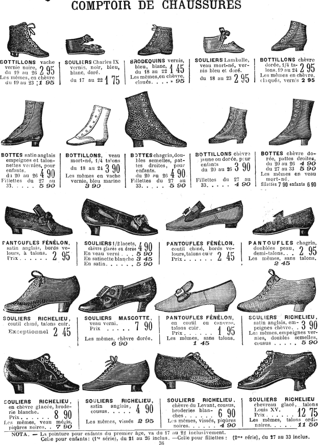 Eine Buchseite mit verschiedenen Frauenschuhen in einzigartigen Designs, Preisschildern und Informationen zur Größe, Form und Farbe, die ordentlich angeordnet sind.