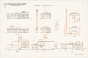 Ein detailliertes Zeichenbild eines großen Gebäudes mit zahlreichen Fenstern und einem prominenten Turm, identifiziert als das Museum of Fine Arts in Berlin, Deutschland, auf einem Blatt Papier mit begleitendem Text.