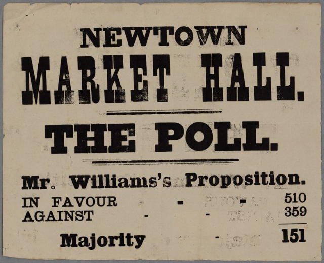 Papier mit handgeschriebener Textzeile "Newtown Market Hall, die Wahl, Mr. Williams' Vorschlag für gegen Mehrheit."