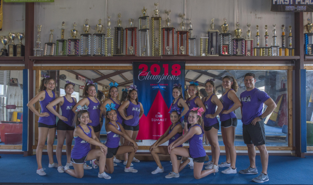 Gruppe von Cheerleadern in lila T-Shirts und schwarzen Shorts, die vor einem Vitrinenschrank mit einer '2018 Summit Cheerleading Champions'-Bannertafel posieren.