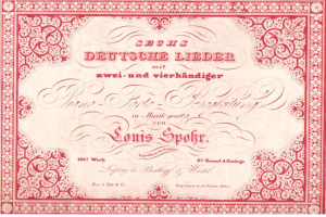 Altes deutsches Aktienzertifikat mit der Aufschrift "Louis Spohr - Zweites Deutsches Lieder" und einem roten Rahmen und einem weißen Hintergrund.