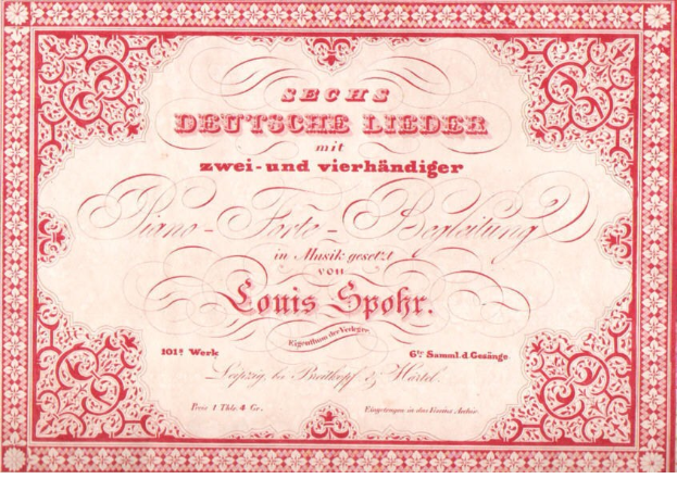 Altes deutsches Aktienzertifikat mit der Aufschrift "Louis Spohr - Zweites Deutsches Lieder" und einem roten Rahmen und einem weißen Hintergrund.