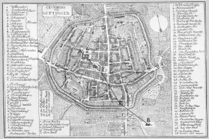 Eine Schwarz-Weiß-Karte von Göttingen, Deutschland, mit Straßen, Gebäuden und Sehenswürdigkeiten.