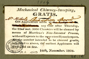 Ein Blatt Papier mit der Aufschrift "Mechanische Schornsteinreinigung, kostenlos" und einem Stempel darauf.