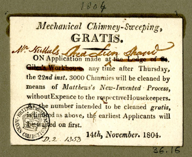 Ein Blatt Papier mit der Aufschrift "Mechanische Schornsteinreinigung, kostenlos" und einem Stempel darauf.