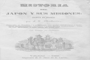 Ein altes Buch mit einer Zeichnung eines Mannes in traditioneller japanischer Kleidung, der entschlossen aussieht, mit dem Text "Historia del Japon y sus Misiones" auf dem Papier.