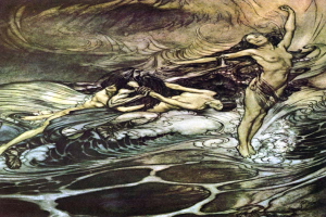 Ein Gemälde namens "Die Meerjungfrauen" von Arthur Rackham, das zwei Figuren im Ozean zeigt, eine Meerjungfrau mit langen dunklen Haaren in einem wallenden Kleid und die andere eine Frau in einem smaragdgrünen Kleid, beide mit friedlichen Gesichtern, vor einem tiefblauen Ozean mit weiß gekrönter Wellen und einem warmen orangen Sonnenuntergang.