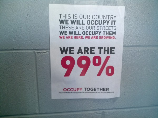 Plakat an einer Wand mit fetter schwarzer Schrift, die "Occupy Wall Street" und "Wir sind die 99%." lautet.