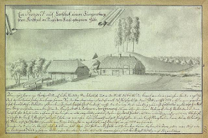 Ein altes Dokument, das eine Farm in einem Feld umgeben von Häusern, Bäumen und einem Himmel zeigt, mit dem Text "Surgensburg, Deutschland - Landschaft einer Farm".