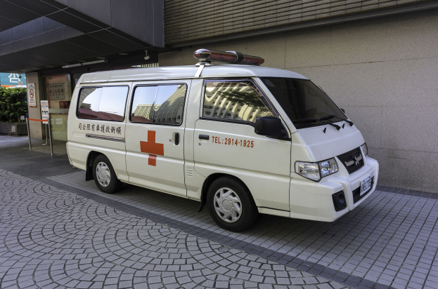 Ambulanz vor einem Gebäude mit einer Notfall-Schild parkend, umgeben von Bäumen und Pflanzen.
