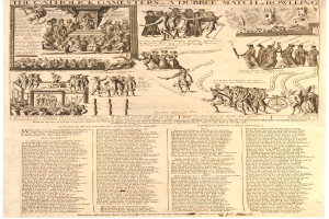 Ein Blatt mit Illustrationen von katholischen Spielern in verschiedenen Bowling-Positionen, begleitet von Text, der die Regeln und Vorschriften eines Doppel-Match-Bowling-Spiels erläutert.