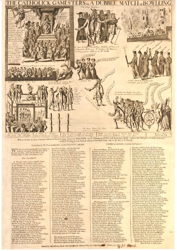 Ein Blatt mit Illustrationen von katholischen Spielern in verschiedenen Bowling-Positionen, begleitet von Text, der die Regeln und Vorschriften eines Doppel-Match-Bowling-Spiels erläutert.