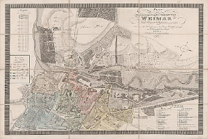 Detaillierte alte Karte von Weimar, Deutschland, zeigt Straßen, Gebäude und Sehenswürdigkeiten mit begleitendem Text über die Stadt.