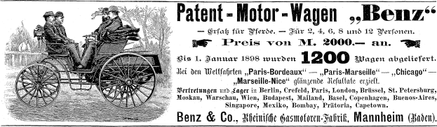 Eine alte Werbung mit einem Patent-Motorwagen mit zwei Personen darin, umgeben von Bäumen, mit begleitendem Text.