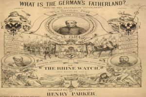 Eine Zeitung mit Bildern von Menschen und Text, der lautet: Was ist das Vaterland der Deutschen? Die Rheinwacht von Henry Parker.