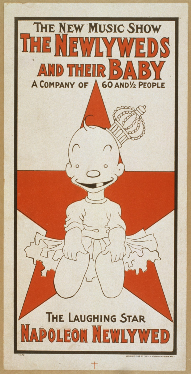 Plakat für "The New Music Show: The Newlyweds and Their Baby" mit einer Cartoon-Baby in einem weißen Onesie mit einer pinken Schleife, das gegen einen hellblauen Hintergrund mit verstreuten Sternen und fetter schwarzer Schrift lächelt.