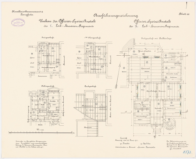 Schwarzer und weißer Grundriss des ehemaligen Bundeskanzleramts, zeigt detaillierte Planung und architektonische Elemente.