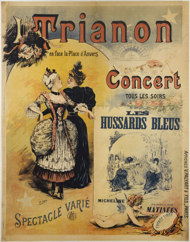 Ein Konzertplakat, das eine Frau in einem langen, hochgeschlossenen Kleid und einen Mann in einem Anzug zeigt, der hinter ihr steht und die Arme verschränkt, beide mit ernsten Gesichtern.