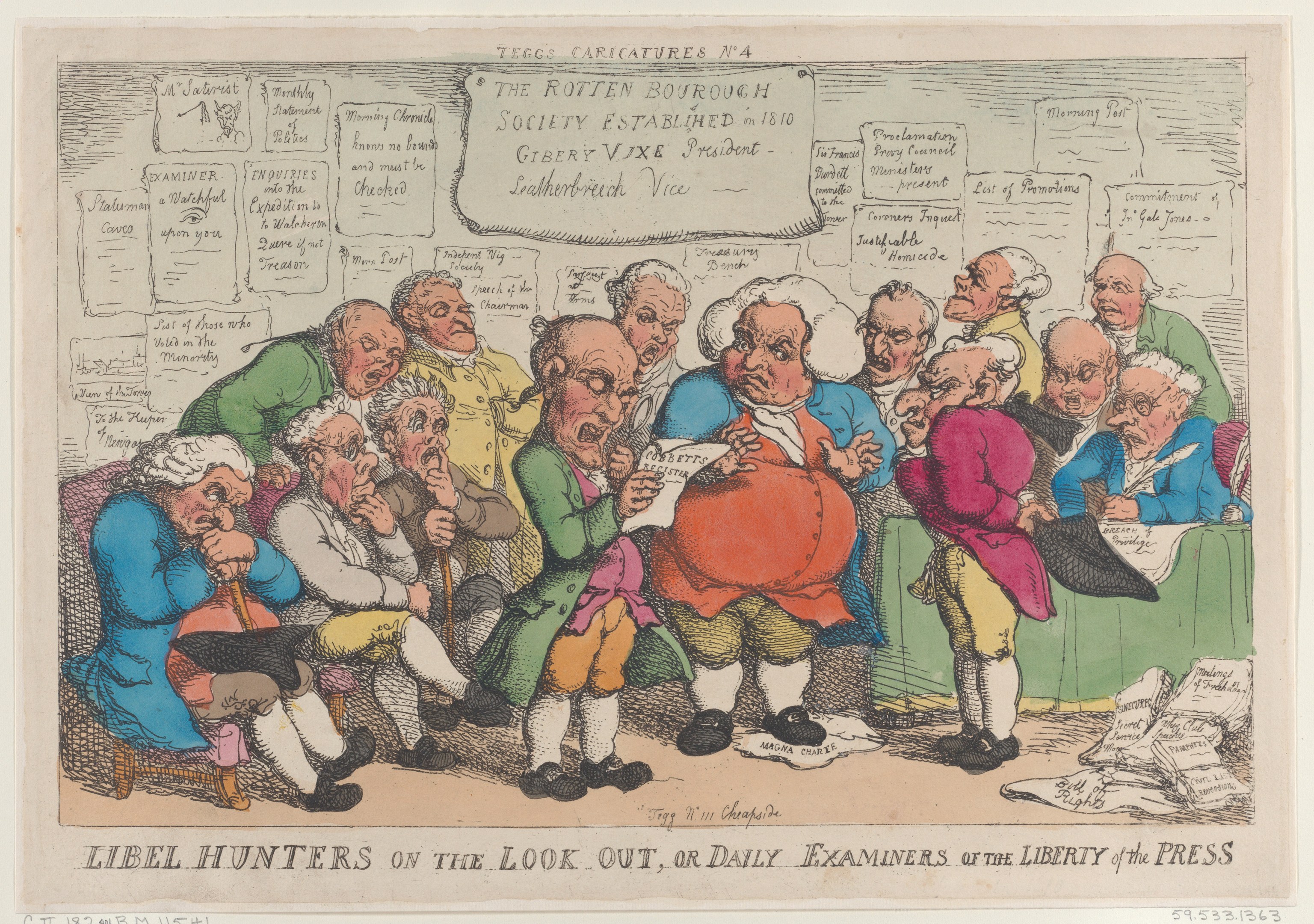 Eine Gruppe von Menschen, die um einen Tisch mit Papieren und Gegenständen sitzen, einer hält ein Papier in der Hand, mit dem Text "Libel Hunters on the Look Out, or Daily Examiners of the Liberty of the Press" unten.