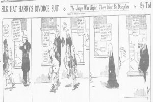 Eine Karikatur eines Mannes in einem schwarzen Anzug und einer Frau in einem Kleid mit einem schwarzen Schultertuch, beide mit ernsten Gesichtern, die über eine Scheidungsklage sprechen.