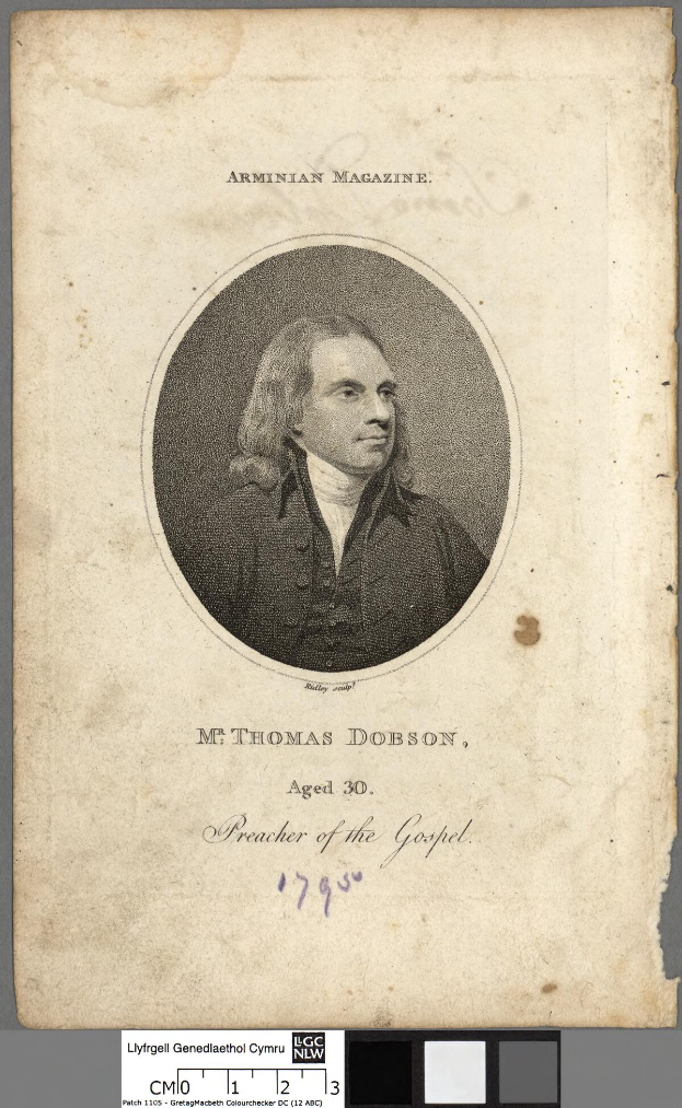 Portrait von Herrn Thomas Dobson, einem Prediger, mit ernstem Gesichtsausdruck, dunklem Haar und einem weißen Hemd und schwarzer Weste, mit verschränkten Händen.