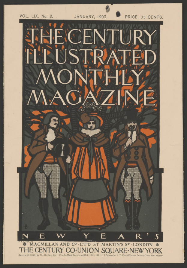 Schwarzer Plakat für 'The Century Illustrated Monthly Magazine, Januar 1900' mit figuren in historischer Kleidung und dekorativem Rahmen.