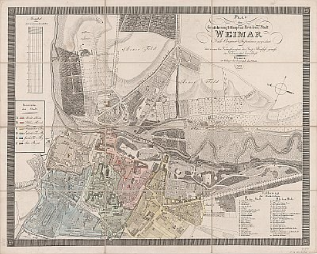 Detailierte alte Karte von Weimar, Deutschland, die Straßen, Gebäude und Sehenswürdigkeiten zeigt, mit begleitendem Text über die Stadt.