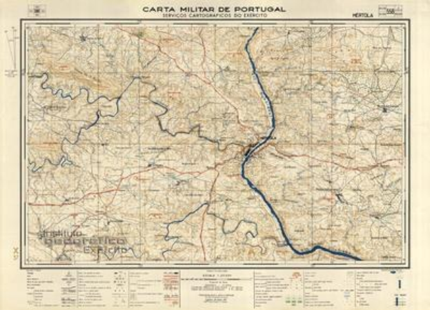 Detailierte Karte der portugiesischen Carta Militar, die Straßen, Flüsse und geografische Merkmale zeigt, mit Text oben und unten auf dem Papier.