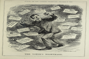 Ein Blatt Papier mit einer Zeichnung eines Mannes im Anzug und Krawatte, der ein Schild hält, auf dem steht "Der Albtraum des Wählers", mit entschlossener Miene und selbstbewusster Haltung.