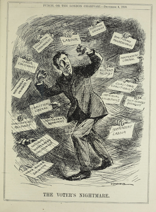 Ein Blatt Papier mit einer Zeichnung eines Mannes im Anzug und Krawatte, der ein Schild hält, auf dem steht "Der Albtraum des Wählers", mit entschlossener Miene und selbstbewusster Haltung.