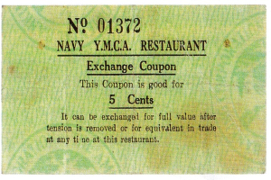 Ein Blatt Papier mit der Aufschrift "Navy YMCA Restaurant Exchange Coupon"