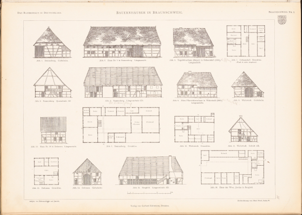 Ein aufgeschlagenes altes Buch mit Architekturhausplänen und -entwürfen sowie begleitendem Text.