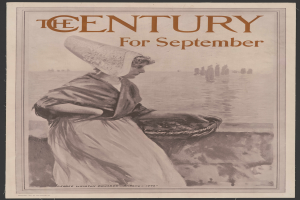 Eine Frau in einem weißen Kleid und einer blauen Stola hält einen Korb und steht vor einem tiefblauen sternenklaren Nachthimmel, mit der Aufschrift "Das Jahrhundert für September" darüber und einem entschlossenen Gesichtsausdruck.