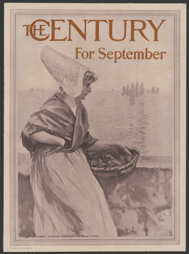 Eine Frau in einem weißen Kleid und einer blauen Stola hält einen Korb und steht vor einem tiefblauen sternenklaren Nachthimmel, mit der Aufschrift "Das Jahrhundert für September" darüber und einem entschlossenen Gesichtsausdruck.