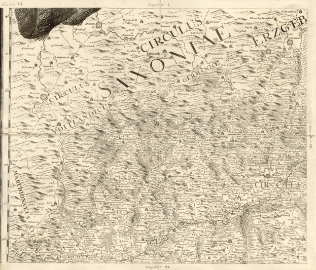 Ausfühliches altes Sachsen-Karte von Deutschland, das geografische Merkmale wie Flüsser, Gebirge und Städte zeigt, mit begleitendem Text über die Region und ihre Bewohner.
