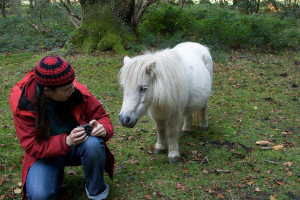 Eine Person in einer roten Jacke hält eine Kamera, mit einem Tier und Bäumen im Hintergrund.