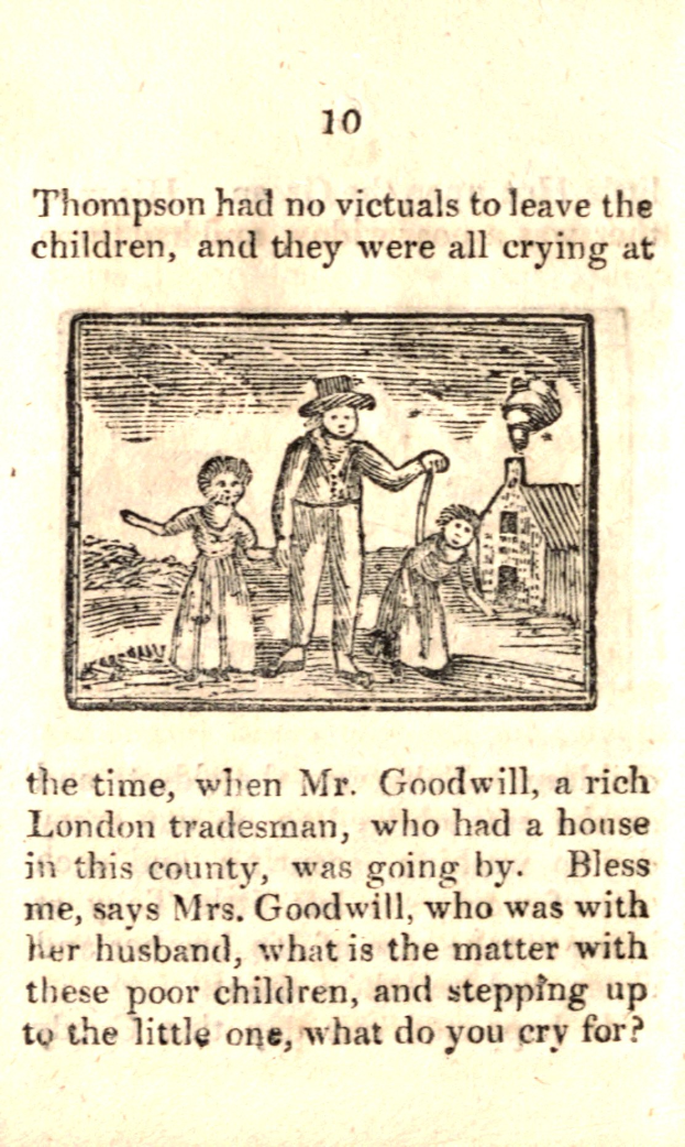Ein Blatt mit einer Zeichnung eines besorgten Mannes, der zwei weinende Kinder hält, begleitet von handgeschriebener Text, der besagt, "Thompson hatte keine Opfer, um die Kinder zu lassen, und sie weinten alle zu der Zeit."