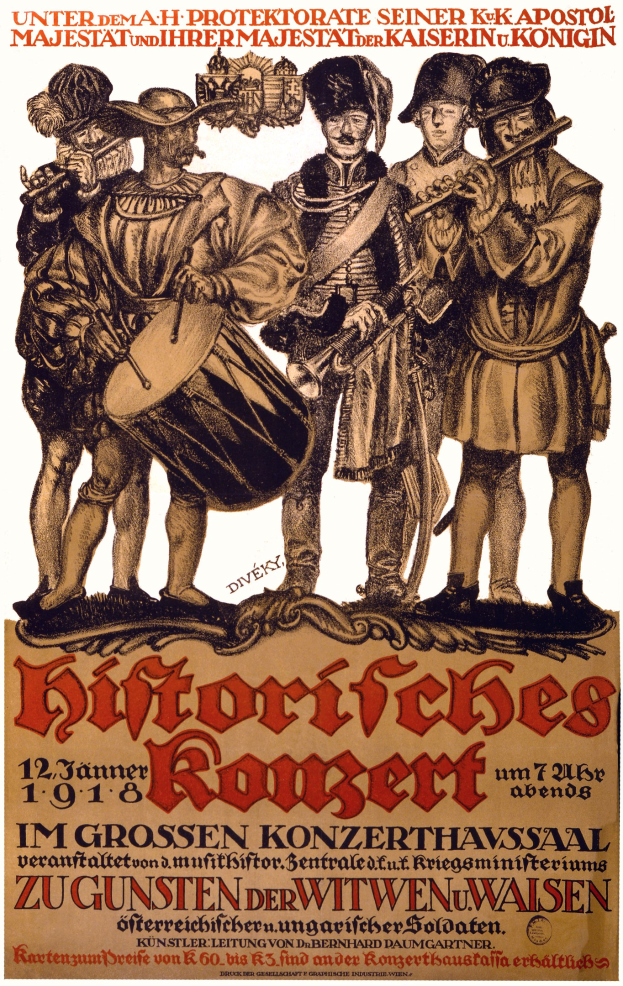 Konzertplakat mit einer Gruppe von Männern in bunten Klamotten, die Trommeln, Trompeten und Gitarren spielen.