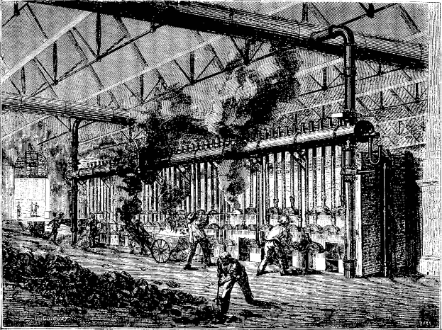 Schwarz-weiß-Illustration einer geschäftigen Stahlmühle aus den 1910er Jahren mit Arbeitern, Maschinen und Industrieausrüstung.