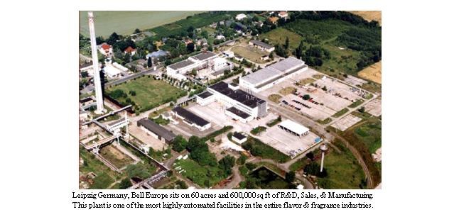 Luftaufnahme eines großen Industriegebiets in Leipzig, Deutschland, beschriftet mit "Bell Europe", mit Gebäuden, Bäumen, Straßen und anderer Infrastruktur.