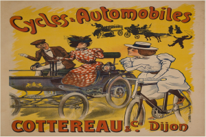 Ein Vintage-Plakat, das Fahrräder und Automobile in Cottereau und Dijon, Frankreich, bewirbt und Menschen zeigt, die Fahrräder fahren und eine Kutsche mit dem Text "Fahrräder und Automobile" oben drauf.
