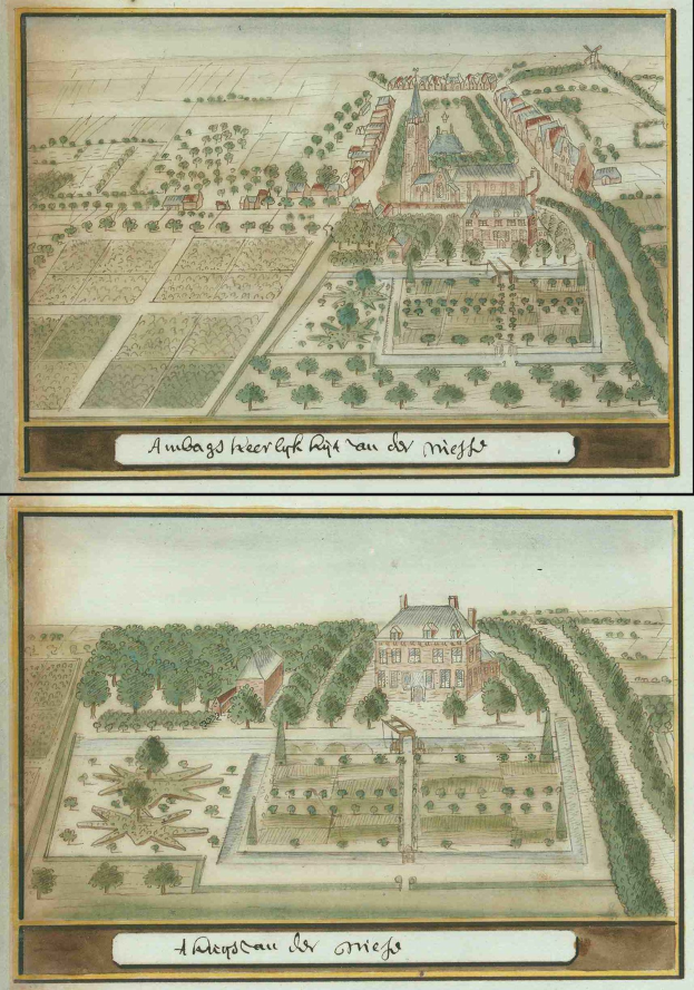 Zwei nebeneinanderliegende Bilder einer detaillierten Stadtkarte mit hohen Gebäuden, üppigen grünen Bäumen und farbenfrohen Pflanzen, mit Text am unteren Rand des Papiers.